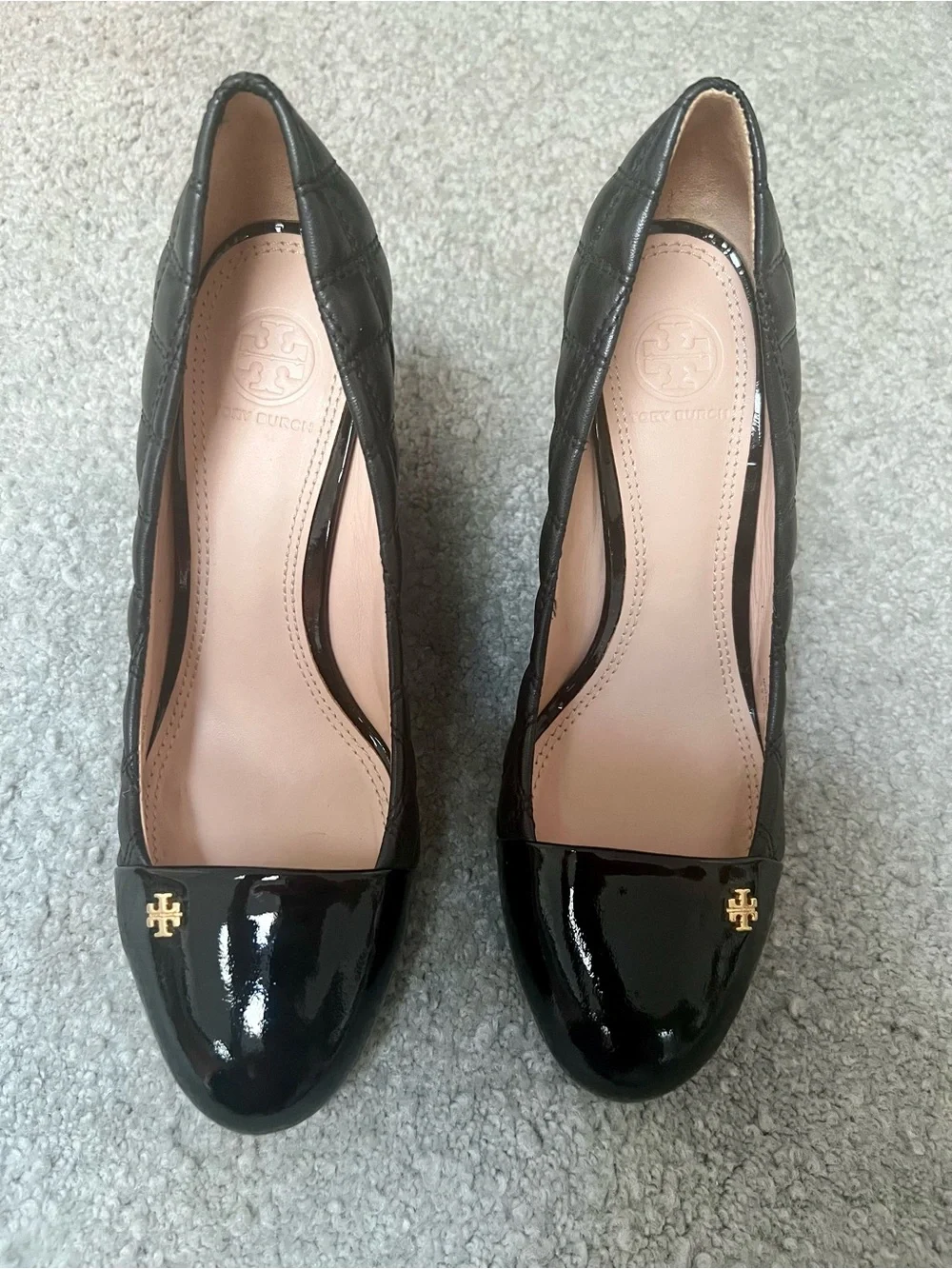 Tory Burch Quilted Patent Cap-Toe Wedge Pumps-Black- 8M